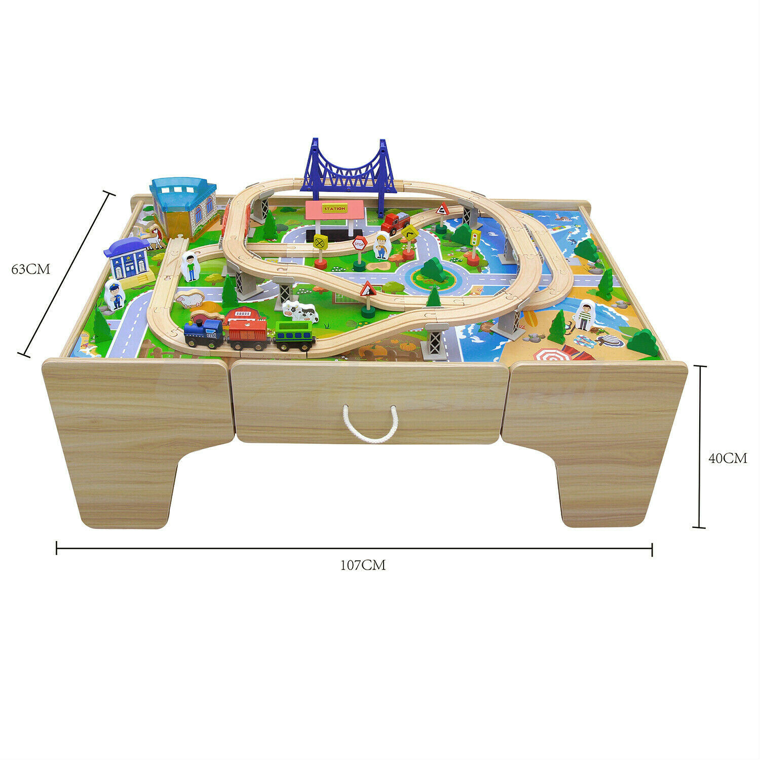 Kids Wooden Train Railway Activity Track Set Play Table with Storage Drawer 80PC