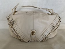 Roberto Cavalli Beige Leather Handbag With Fringe, Gold Details, Buckle And Logo