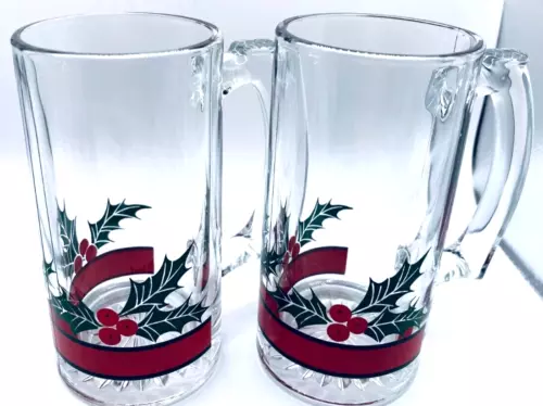 Set of 2 -  Vintage Libbey Holiday Christmas Holly & Berries 5.5" Mug Glasses