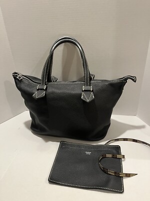 Moreau Paris Black Pebbled Leather Tote Shoulder Bag Made In France With Pouch