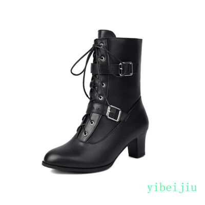 Women's Low Heel Ankle Boots Buckles Leather Shoes Lace Up Spring Fall Side Zip 