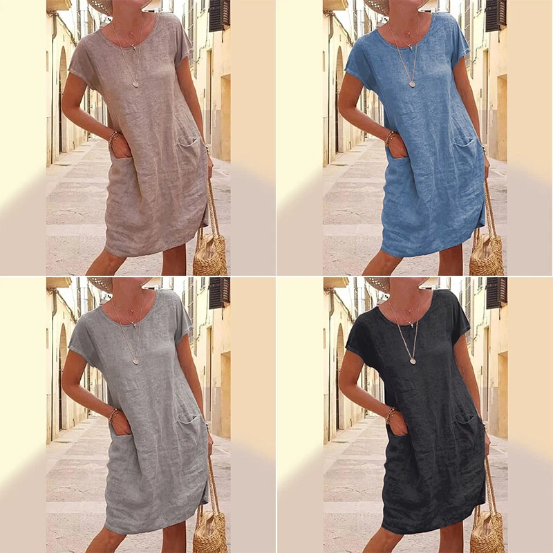 Robe T-Shirt Ample En Coton Et Lin Pour Femmes Coupe Trapèze Mi-Longue Pull / - Photo 4/4