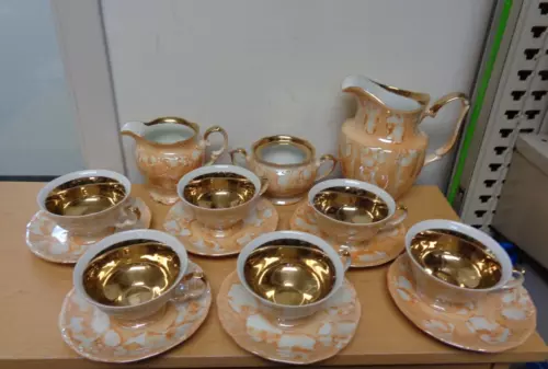Walbrzych Poland vintage orange Coffee/Tea Pot, Sugar Creamer 6 cups saucers