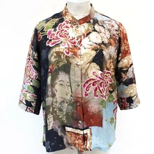 Citron Plus Clothing Japanese Geisha and Flowers Eco-friendly Cupro Blouse 3X