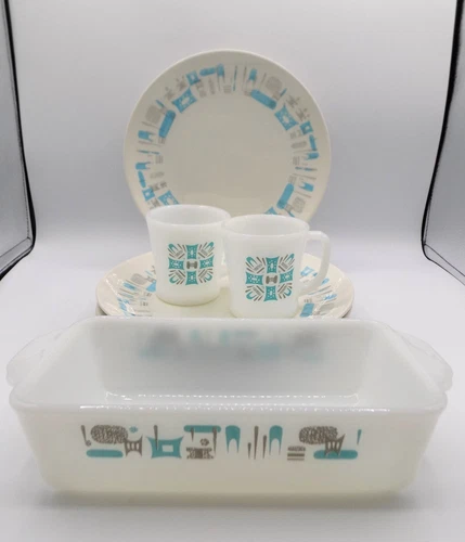 LOT MCM Anchor Hocking Fire King Blue Heaven Atomic Plates Coffee Mugs Loaf Pan