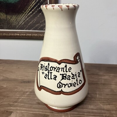 Vintage Umbria Italy Pottery Vase Ristorante   Alla Badia   Orvieto 6.5  Italian