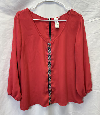Society Girl Sz XL Pink Semi Sheer Tunic Blouse Full Zip Back Embroidered Panel 