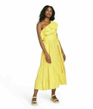 Lisa Marie Fernandez For Target M Yellow Polka Dot One Shoulder Midi Dress