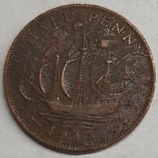 Old Coin 1944 Ship Halfpenny British