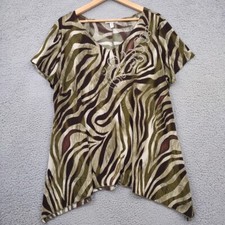 Dressbarn Top Women XL Green Zebra Print Shark Bite Hem Stretchy Embellished USA