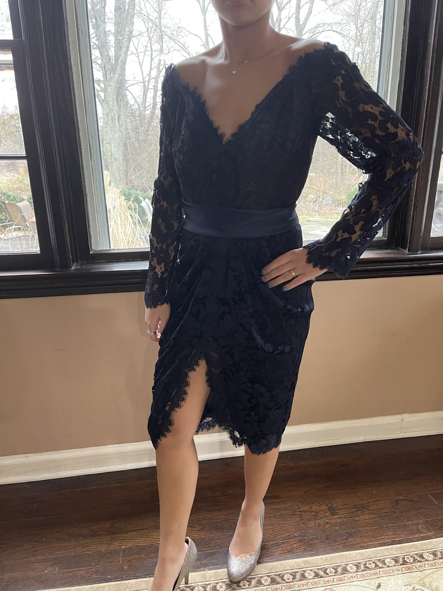 Formal Navy Blue Off the Shoulder Lace Overlay Cocktail Dress