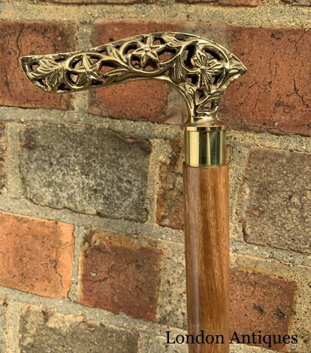 Curved Handle Antique Brass Carved Folding Walking Stick – Dismantles Into Three - Picture 10 of 12