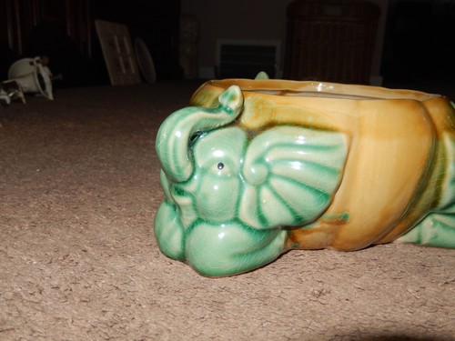 Glazed Green and Brown Bamboo OR Succulent Planter TRUNK UP 3 Elephants - Picture 12 of 15