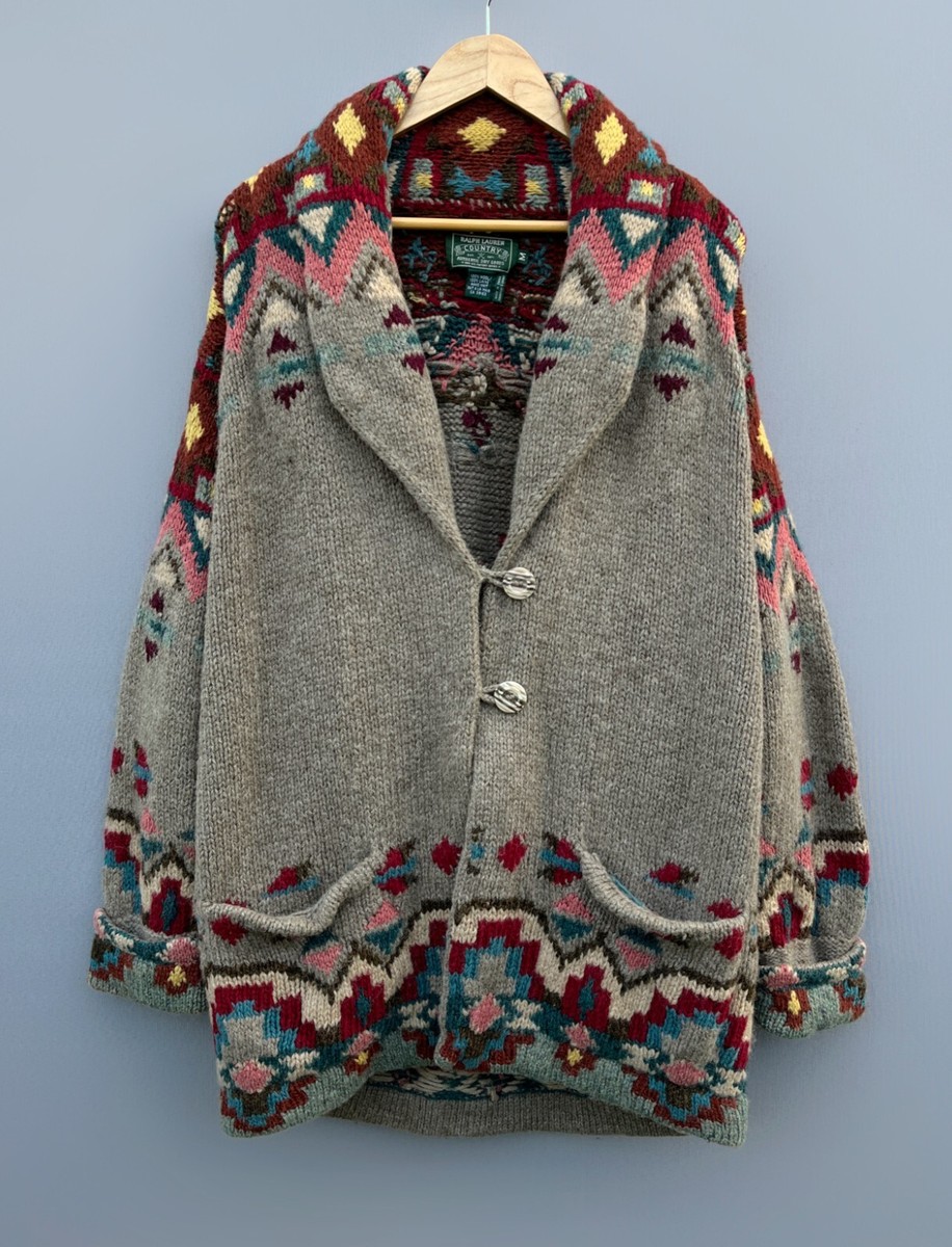 Rare POLO RALPH LAUREN COUNTRY Hand Knit Wool Cardigan Aztec  