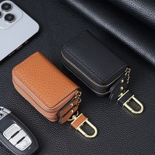 Double Layers Genuine Leather Car Key Holder Case Keychain Bag Zipper Pouch