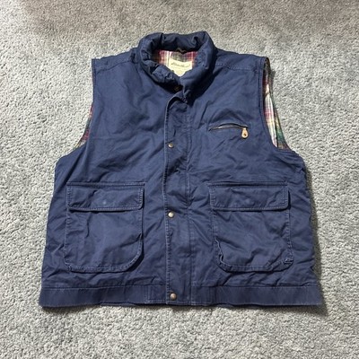 Vintage 90s Eddie Bauer Goose Down Vest 2XT Navy Cotton Leather Trim Korea Plaid