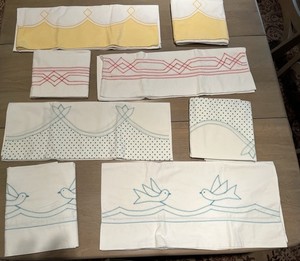 4 sets (8) vtg hand made pillow cases; standard /queen wte w/ asst'd colors, EUC