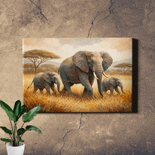 Abstract Elephant Family Savanna African Wildlife Mixed Media Canvas Art
