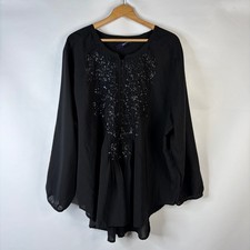 Denim 24/7 Womens Tunic Top Size 4X Black Sequin Floral Pleated Long Sleeve