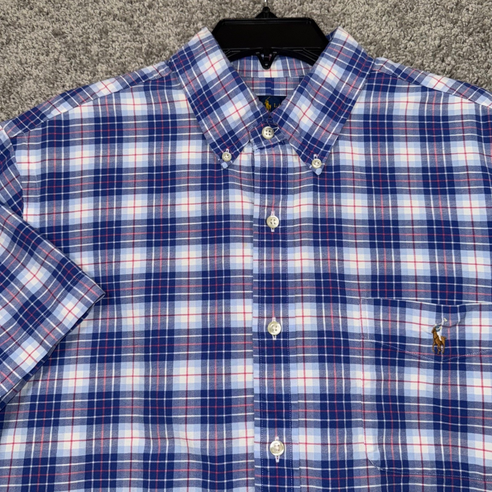 Ralph Lauren Mens Plaid Button Down Shirt Short Sleeve Flesh Pony Logo XL