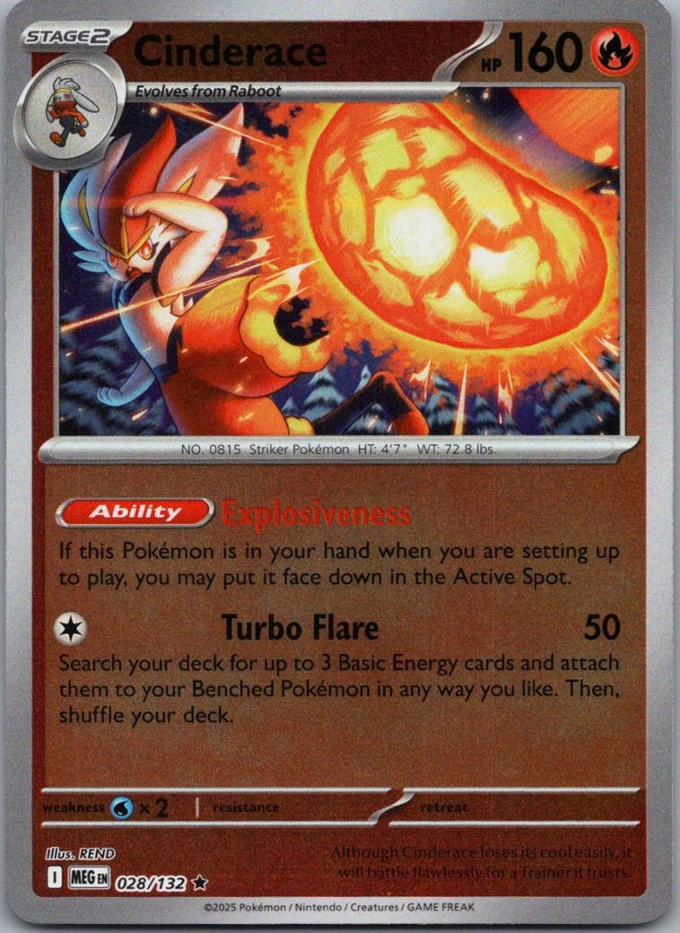 Cinderace Reverse Holo Rare ME01: Mega Evolution 028/132 NM