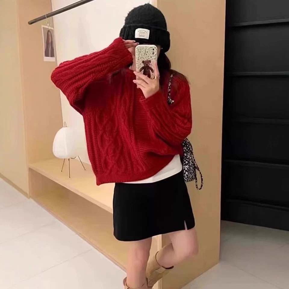 Suéter 100% Lana Para Mujer Grueso Otoño Cuello Redondo Suelto Pullover Tejido Abrigo Foto 3 de 4