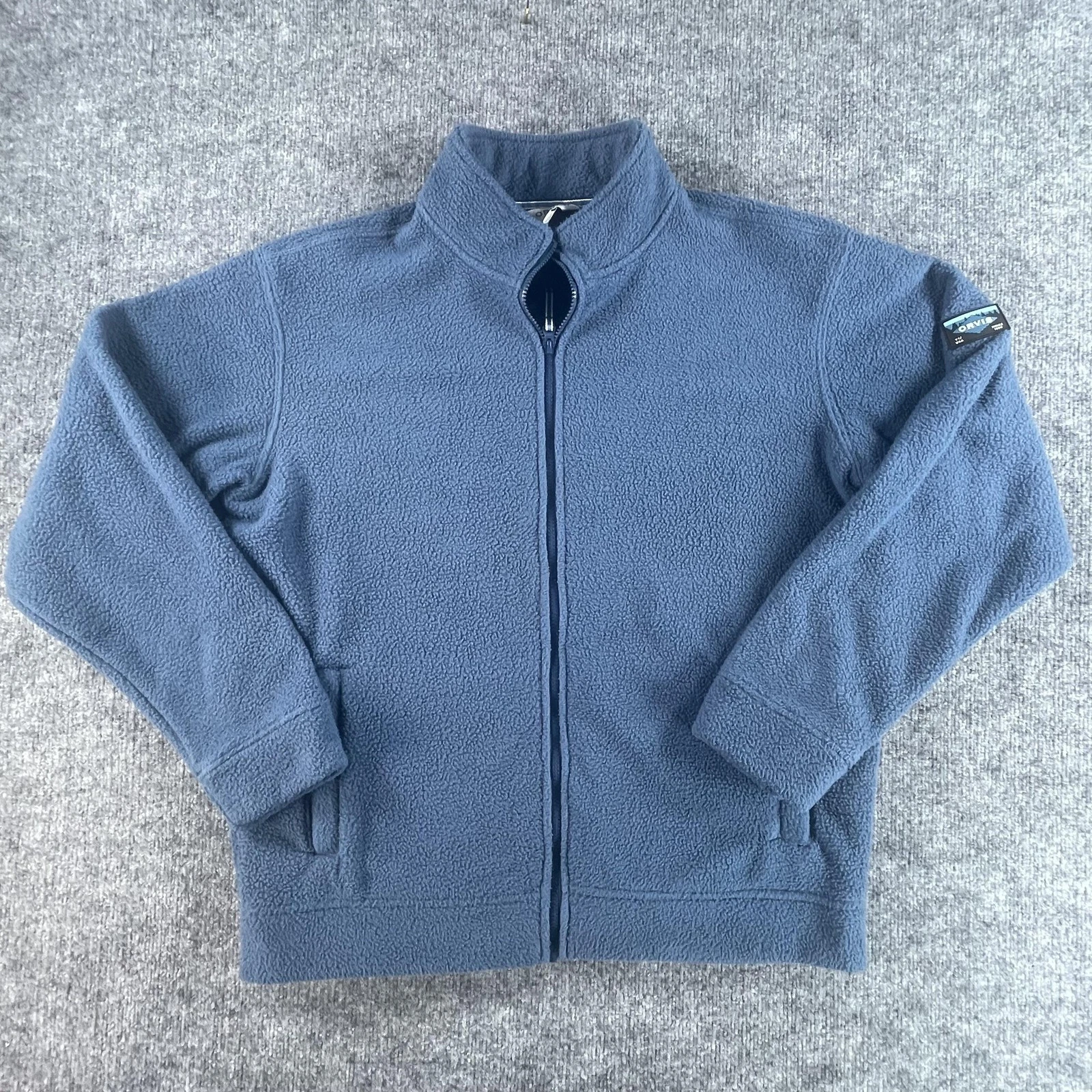 Orvis Jacket Mens Large Blue Fleece Full Zip Stand Collar Logo Patch Classic