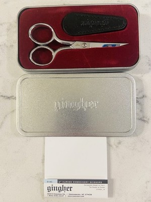 GINGHER 4'' CURVED EMBROIDERY SCISSORS WITH LEATHER SHEATH & TIN CASE