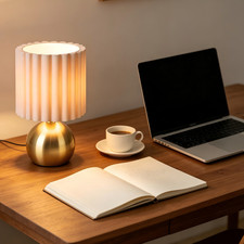 Golden Metal Table Lamp with Pleated Shade for Chic Gaming Desk Setup