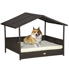 Wicker Dog Bed Outdoor Elevated With Rattan Canopy Cushioned PE Rattan Dog Cat