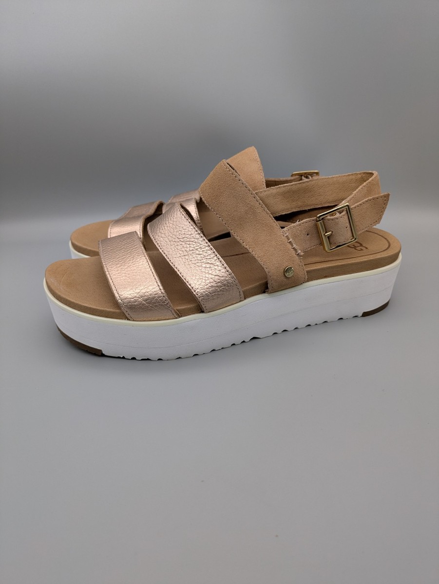 UGG Braelynn Metallic Gold Leather Straps Platform Sandal Womens Size