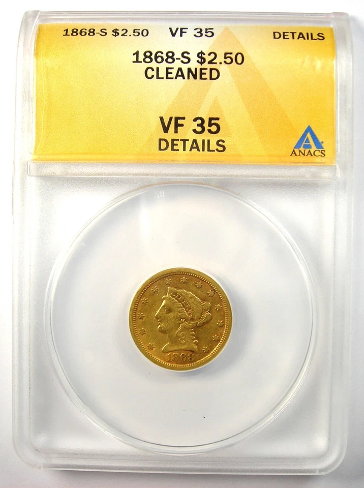 1868-S Liberty Gold Quarter Eagle $2.50. Certified ANACS VF35 Detail - Rare Date - Image 2 of 4