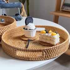 Rattan Tray,Round Wicker Tray with Handles,Woven Serving Tray for Coffee Table