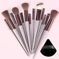 Makeup Brush 13-Piece Set Travel Pouch Brown Soft Nylon Bristle Powder Puff New