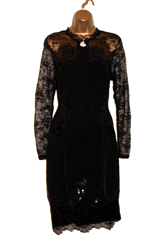 Lipsy Black Bodycon Dress 14 Party Long Sleeve Sequin Lace Occasion Wedding Xmas - Image 2 of 4