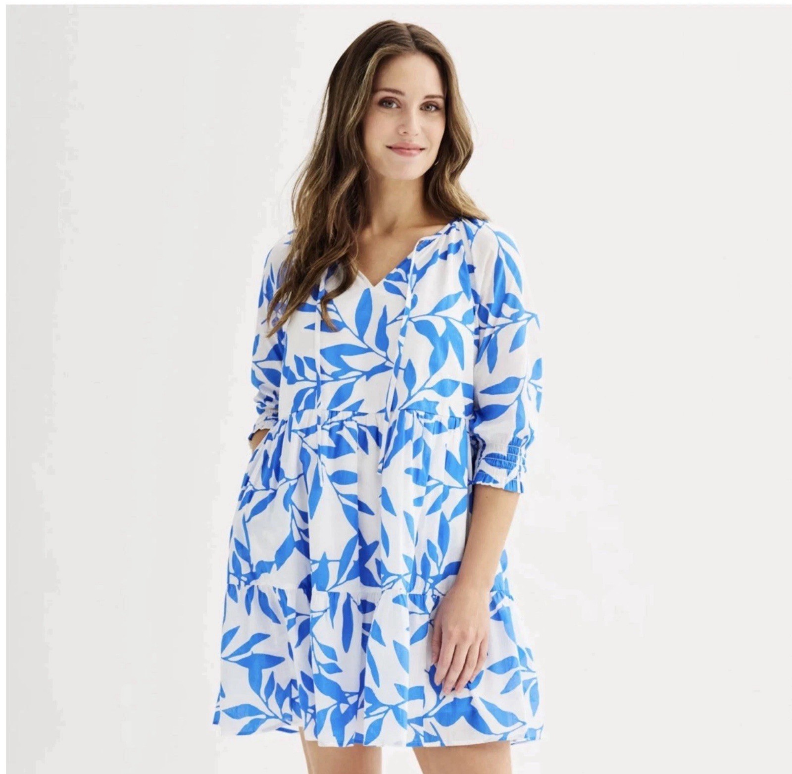 Sonoma Goods For Life Blue Floral Tie-Neck Tiered Cotton Dress Large