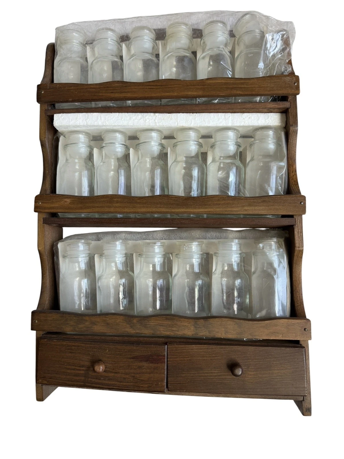 NOS Vintage Wood Spice Rack 18 Glass Bottles Jars 2 Drawers Wall Mount Farmhouse