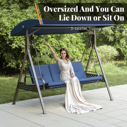 3-Seat Porch Swing Outdoor Heavy Duty Patio Chairs with Canopy Cushion Blue - Picture 3 of 9