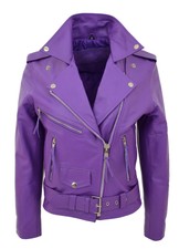 Womens Lilac Cowhide Biker Leather Jacket Fitted Belted Popular Brando Jacket