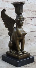 Art Deco Erotic Sphinx Bronze Candle Holder Bronze Sculpture Marble Base Statue