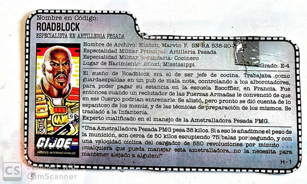 G.I.JOE ARCHIVO, FICHA ROADBLOCK, HASBRO, AÑOS 80