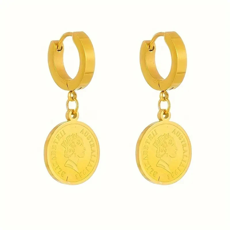 18K Gold Filled Round Coin Earrings With Engraved Queens Head Hoop