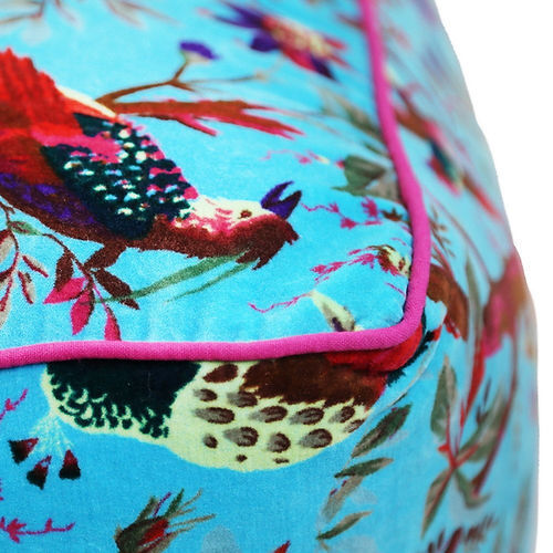 Birds in Paradise, Turquoise Velvet Pouf Cover Unfilled Ottoman covers - Picture 2 of 5
