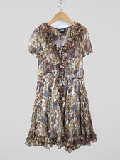 D&G DOLCE & GABBANA Women's Sz IT 38 US 2 S 100% Silk Ruffle Dress Brown Camo