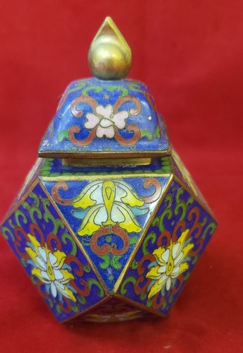 Vintage Chinese Export Octagonal Blue Cloisonne Tea Caddy Box & Lid - Picture 3 of 14