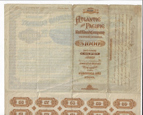 CALIFORNIA 1880 Atlantic & Pacific Railroad Co Western Division Bond Certificate - Picture 2 of 3