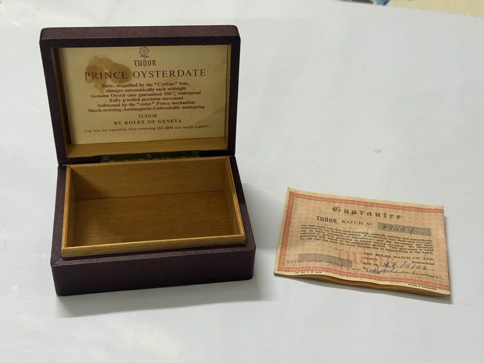 Extremely Rare Tudor Vintage Watch Box Only  Number 7966 With Guarantee Card