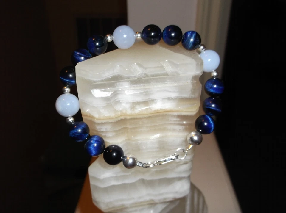 PULSERA HOMBRE HECHA A MANO 8 3/4" 10 MM OJO DE TIGRE AZUL/CALCEDONIA AZUL S ESTERLINA S Foto 4 de 4