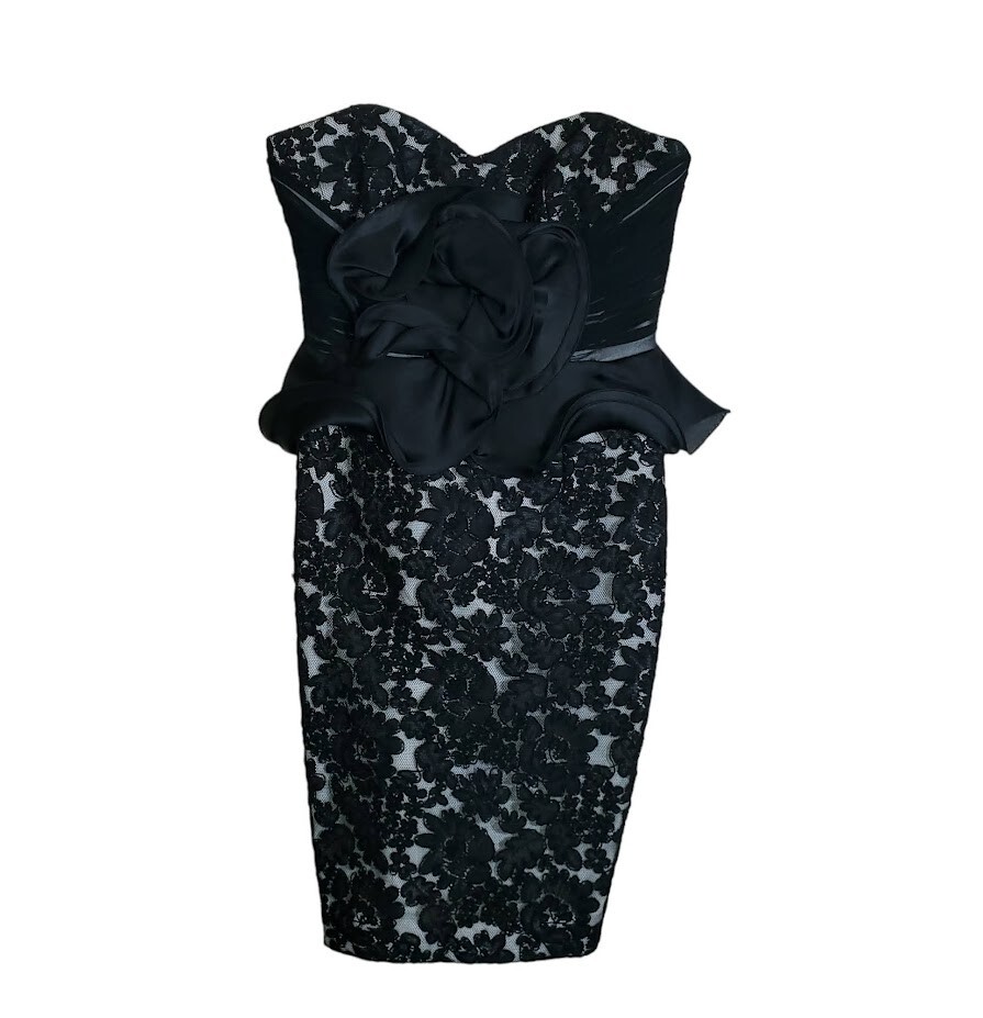 PROM $750 Marchesa Notte Black Cocktail Dress Satin Lace Embroidered  Strapless
