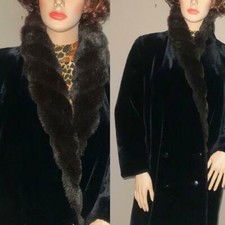 VINTAGE RETRO INTRIGUE SOFT FAUX FUR BLACK COAT WITH BROWN COLLAR L 
